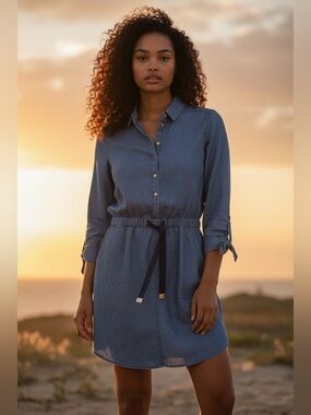 💯 Cotton Button-Front Denim Midi Dress with Tie Waist - Blue